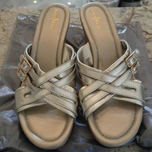 Cole Haan Metallic Gold Wedge Sandals Buckle Straps NWOT 9